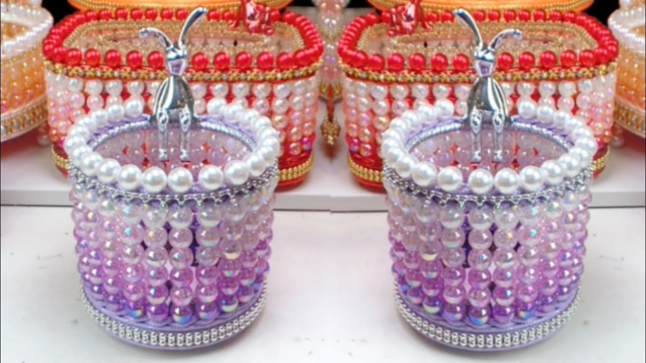 Simple Tutorial Making Luxury Bead Pearls Storage Pen Holder, Makeup Brush Holder Table Decoration
