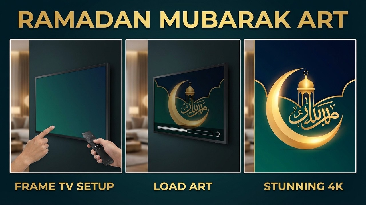 4K Ramadan Mubarak Art 🌙 Elegant Crescent & Lantern Frame TV Display (1 Hour)