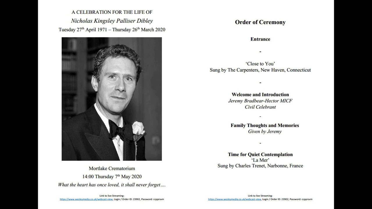 NKPD 200507   Nicholas Dibley   Recording of Ceremony Mortlake Crematorium 14 00 7th May 2020