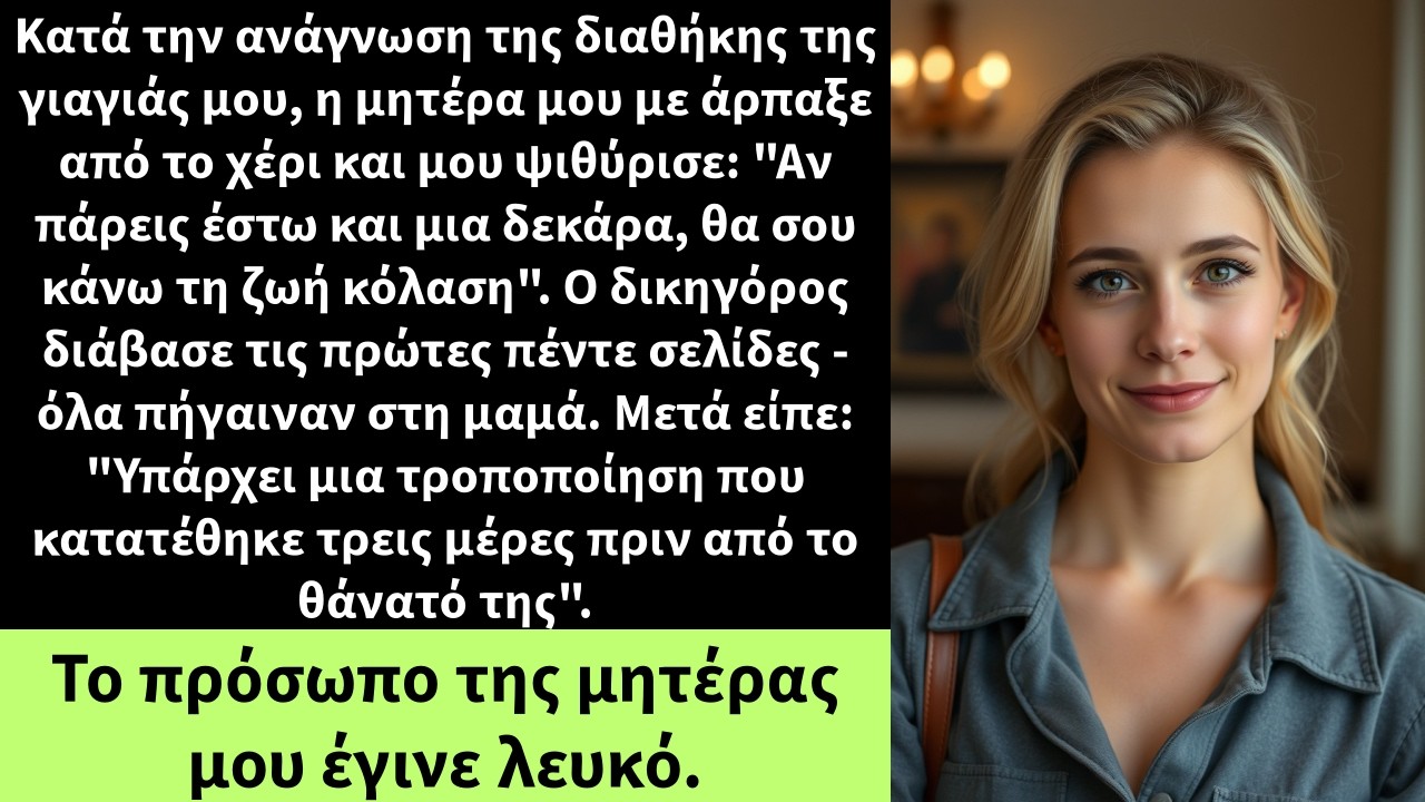 Κατά την ανάγνωση της διαθήκης της γιαγιάς μου, η μητέρα μου με άρπαξε από το χέρι και μου ψιθύρισε: