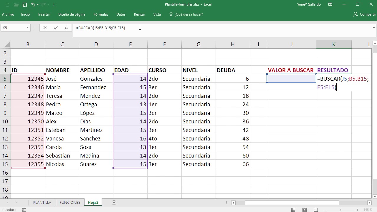 Funci&oacute;n BUSCAR en Excel
