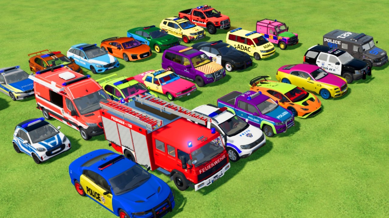 TRANSPORTING CARS, AMBULANCE, POLICE CARS, FIRE TRUCK OF COLORS! WITH TRUCKS! - FS 22