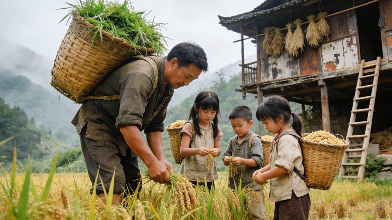 年幼的孩子跟爸爸一起上山收谷子，还主动割草回家喂猪，懂事的让人心疼！#农村生活 #山区