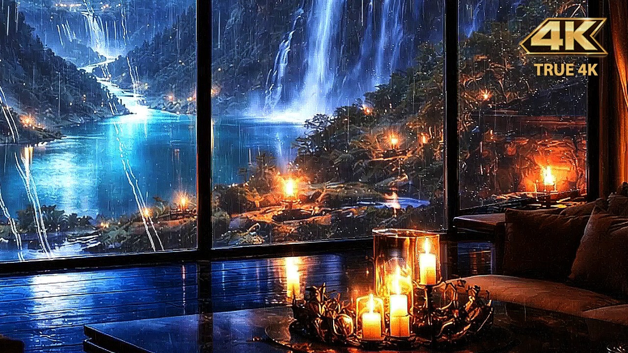 4K Winter Waterfall Night ❄️ | Jazz Music, Rain Ambience, Living Painting