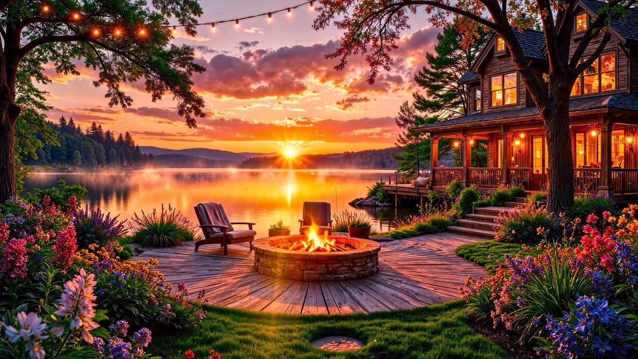 Lakeside Fire & Relaxing Jazz 🔥 Cozy Sunset Vibes for Ultimate Calm