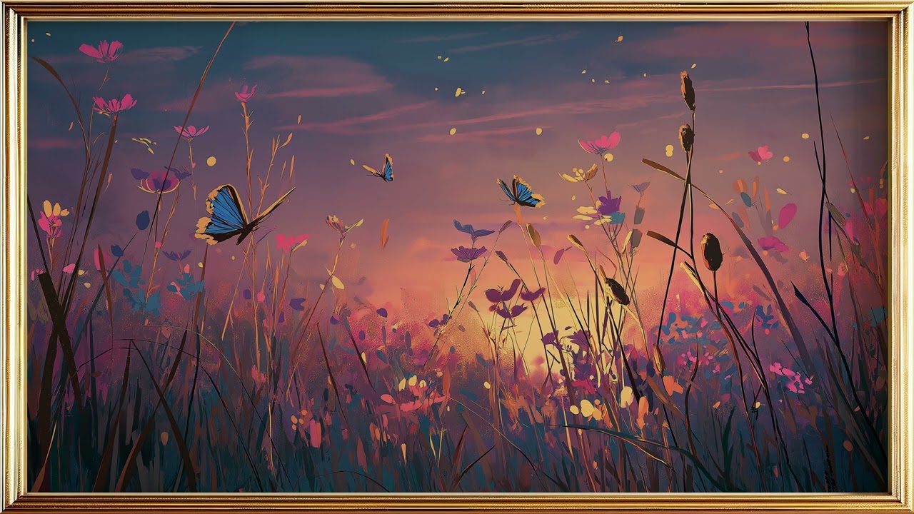 Butterfly Meadow at Sunset &ndash; Whimsical Nature Frame TV Art