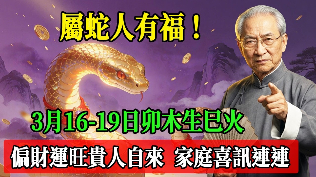 屬蛇人有福！2026年3月16日-19日卯木生巳火，偏財運旺貴人自來，家庭喜訊連連！#南懷瑾  #國學 #易經 #開運 #招財#風水 #2026運勢#屬相#生肖運勢#生肖命理