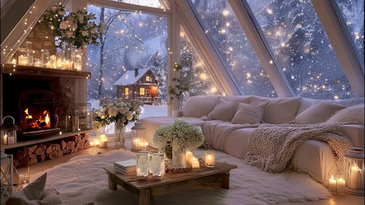 ❄️Winter Piano Lounge at Night | Snowy Window&Cozy Fireplace For Focus, Study, Sleep&Deep Relaxation