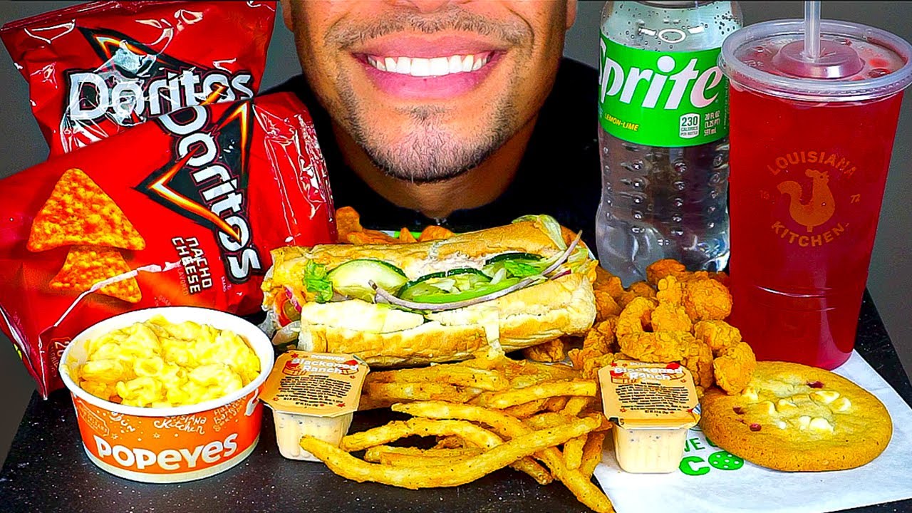 POPEYES SUBWAY MUKBAN EATING SHOW SOUNDS BIG BITES NO TALKING CHALLENGE ASMR JERRY