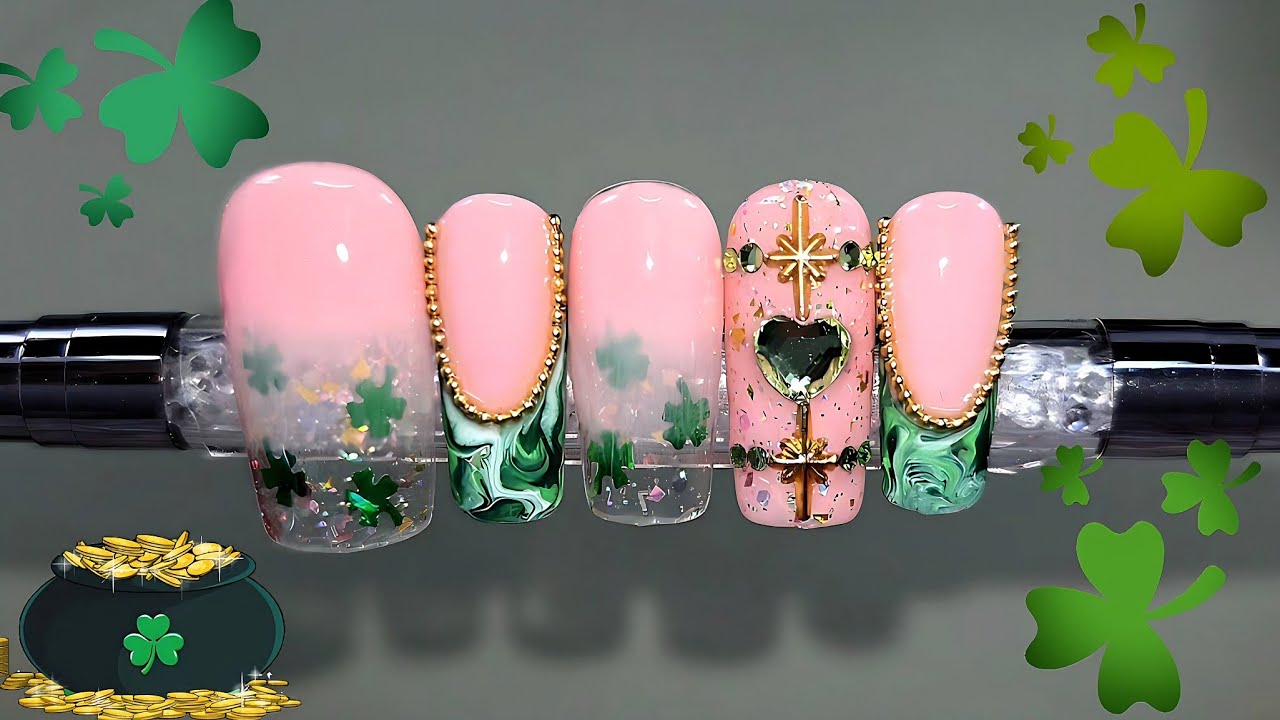 St. Patricks Day Nails | Encapsulated clovers using gel only | Nail Art Ideas | DIY press on nails