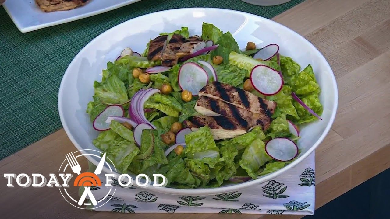 Green goddess salad with grilled chicken and crispy chickpeas