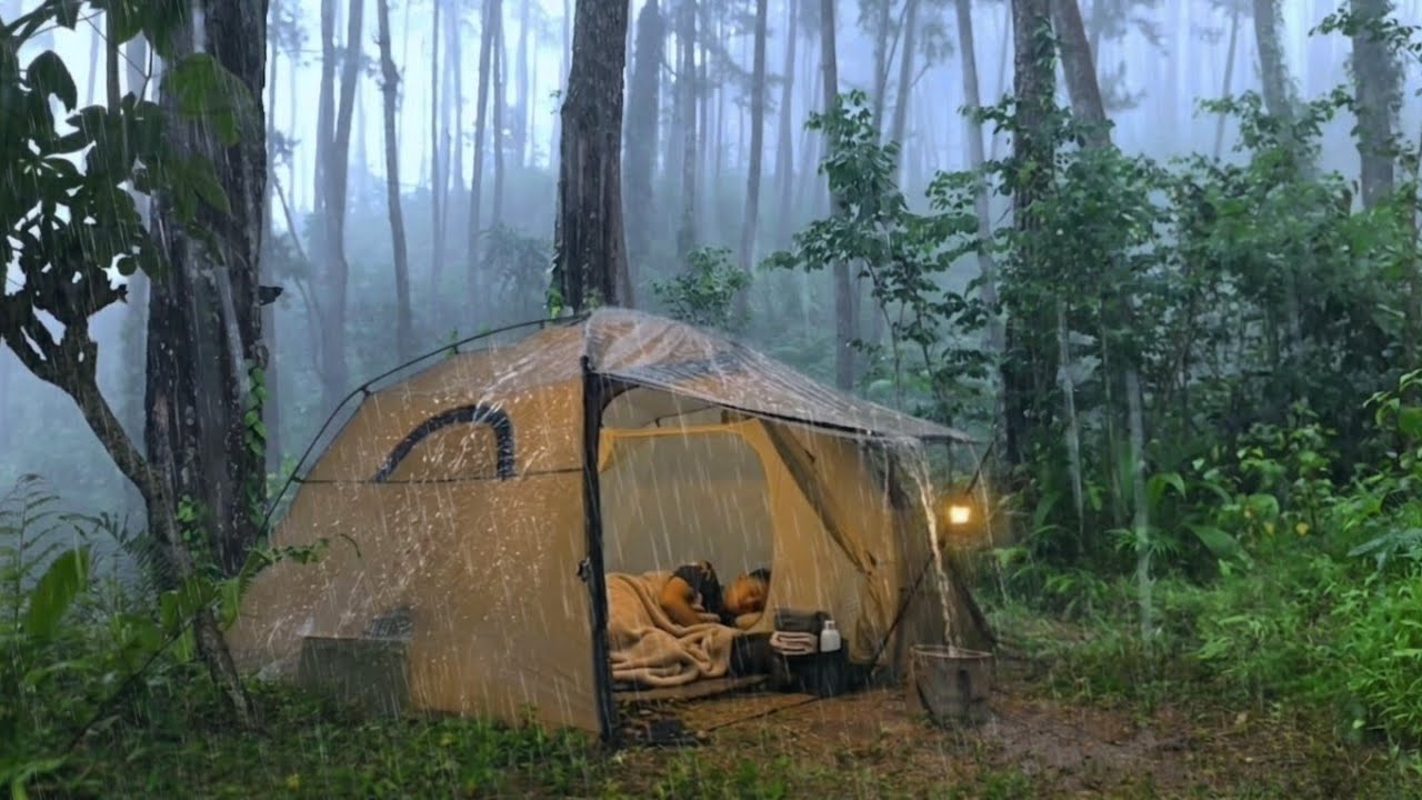 💯Cozy Tent VIBES : Heavy Rain Camping and Thunder ⛈️
