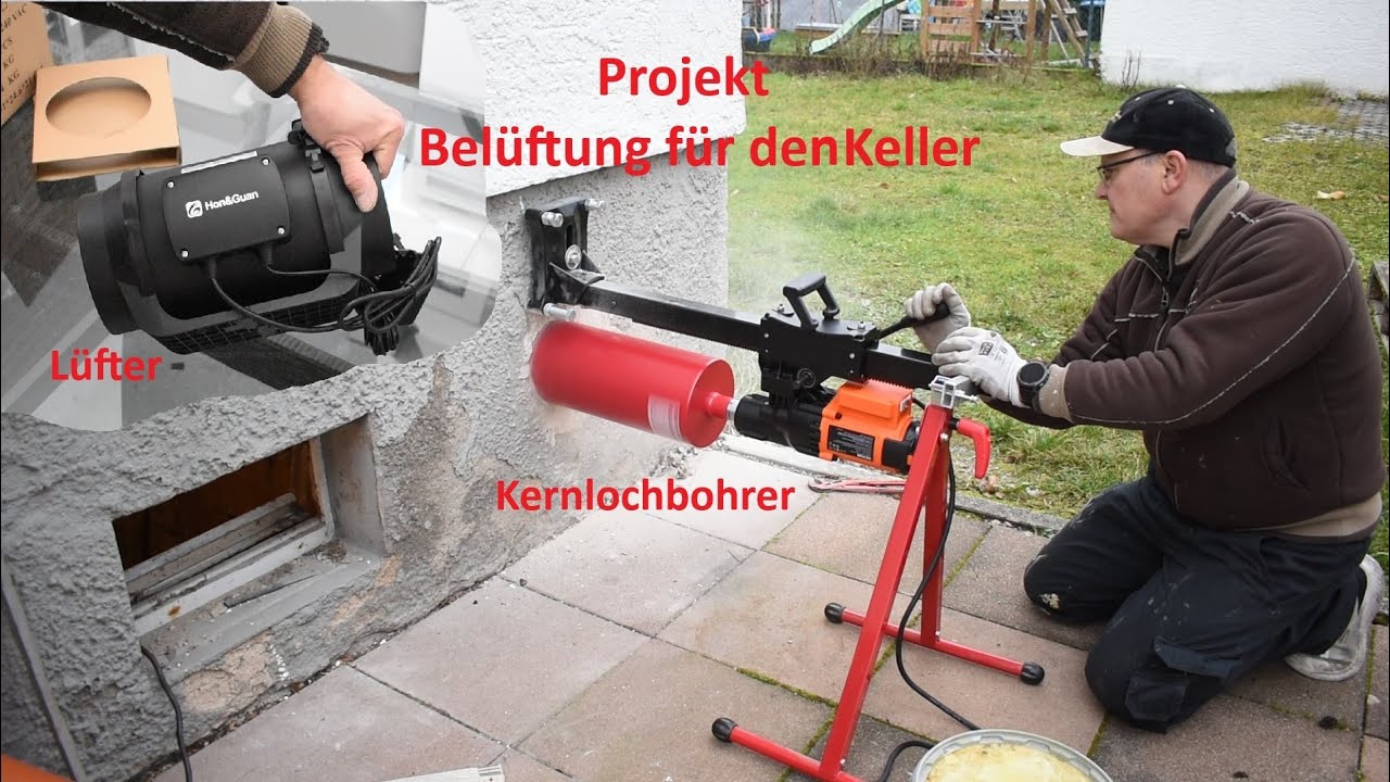 Automatische Kellerbelüftung für ein Haus. Kernlochbohrgerät von VEVOR und Lüfter von HON&GUAN