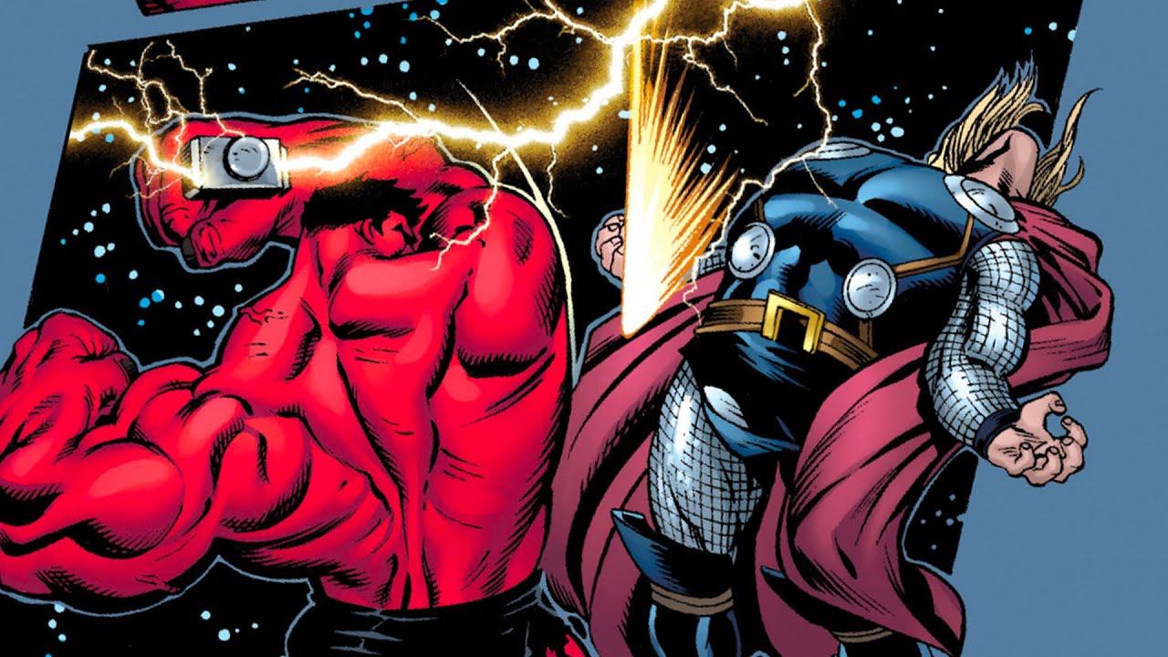 Red Hulk lifts Thor's hammer: Red Hulk Green Hulk