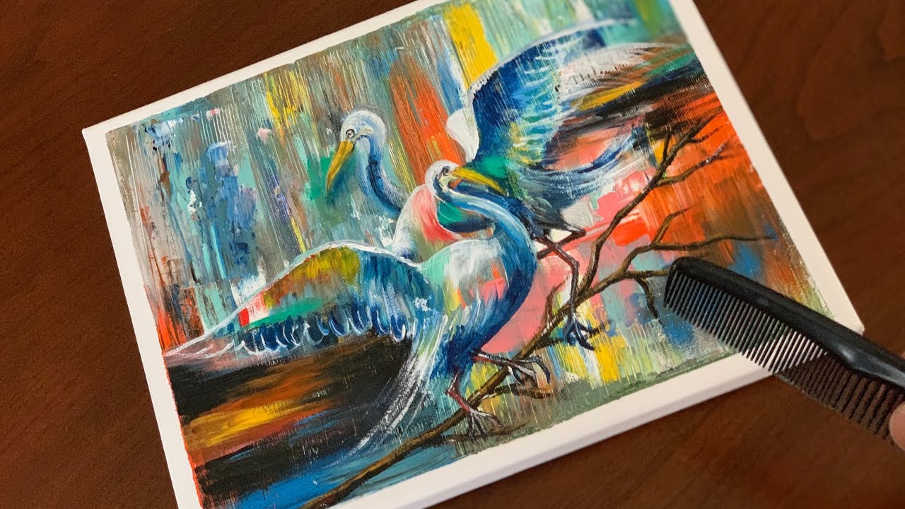 Abstract Tropical Birds/Use a Comb to do Acrylic Texture /Easy Acrylic Painting for Beginner/
