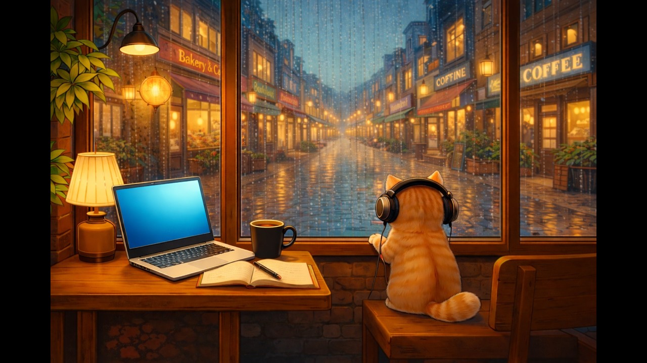 Rainy Night Coffee ☕ Lofi Beats for Study  📚 & Relax | Cozy Windowsill Cat 🐱 accompany with you