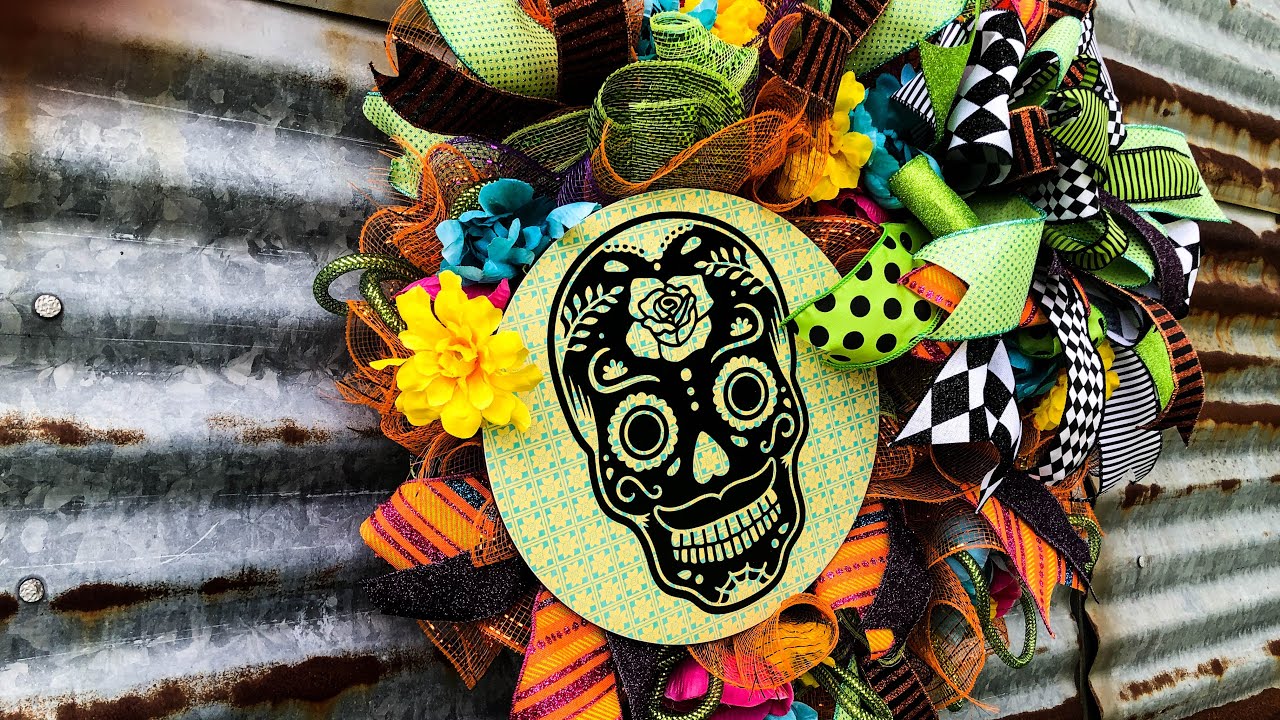 How To Make A Dia De Los Muertos Deco Mesh Wreath - Day Of The Dead -Sugar Skull - Halloween DIY