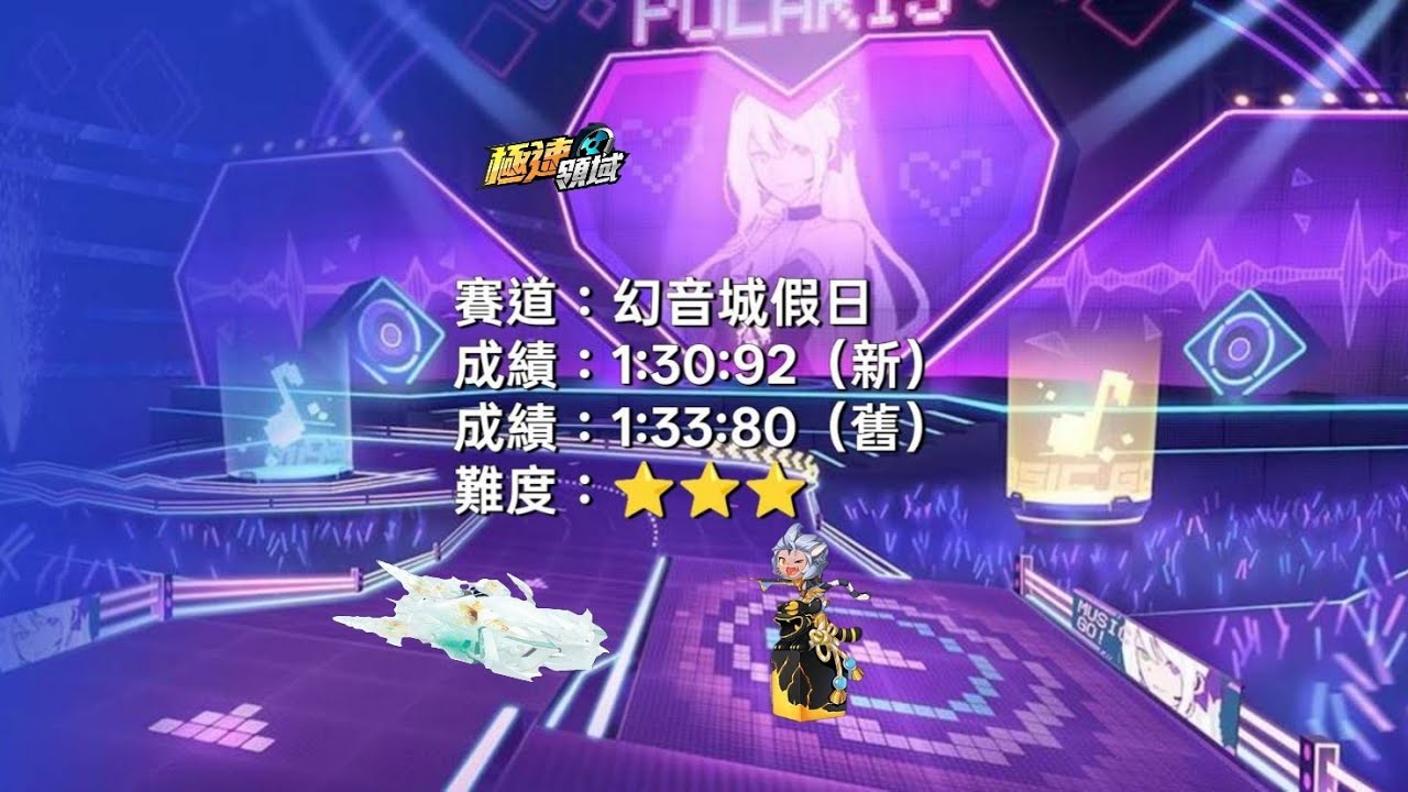 🇹🇼極速領域《幻音城假日》賽道成績：1:30:92/舊：1:33:80難度3星，A車S-幻星-鎏玉配寵玉璽神虎，地位：騰空。本片更新時間：115年2月20日