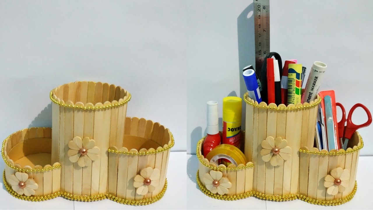Kreasi dari Stik Es Krim | Membuat tempat pensil dari stik es krim | Popsicle stick craft idea