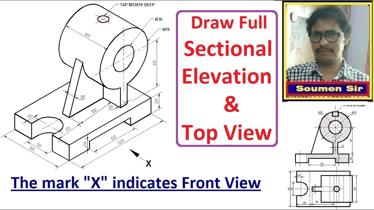 Draw FULL SECTIONAL FRONT VIEW and TOP VIEW || Isometric to Orthographic || Engineering Drawing