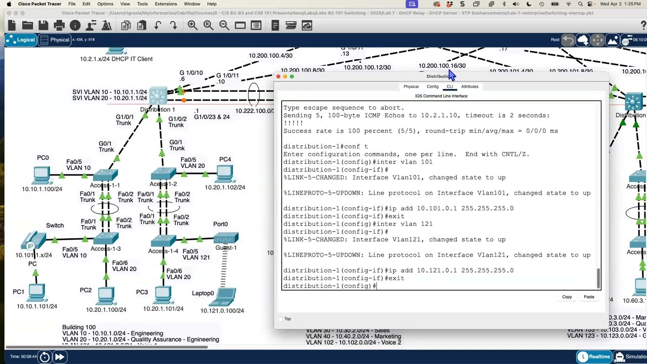 Enterprise Network Lab 7 - DHCPv4 Servers, DHCPv4 Relay, RSTP and PortFast with BPDU Guard