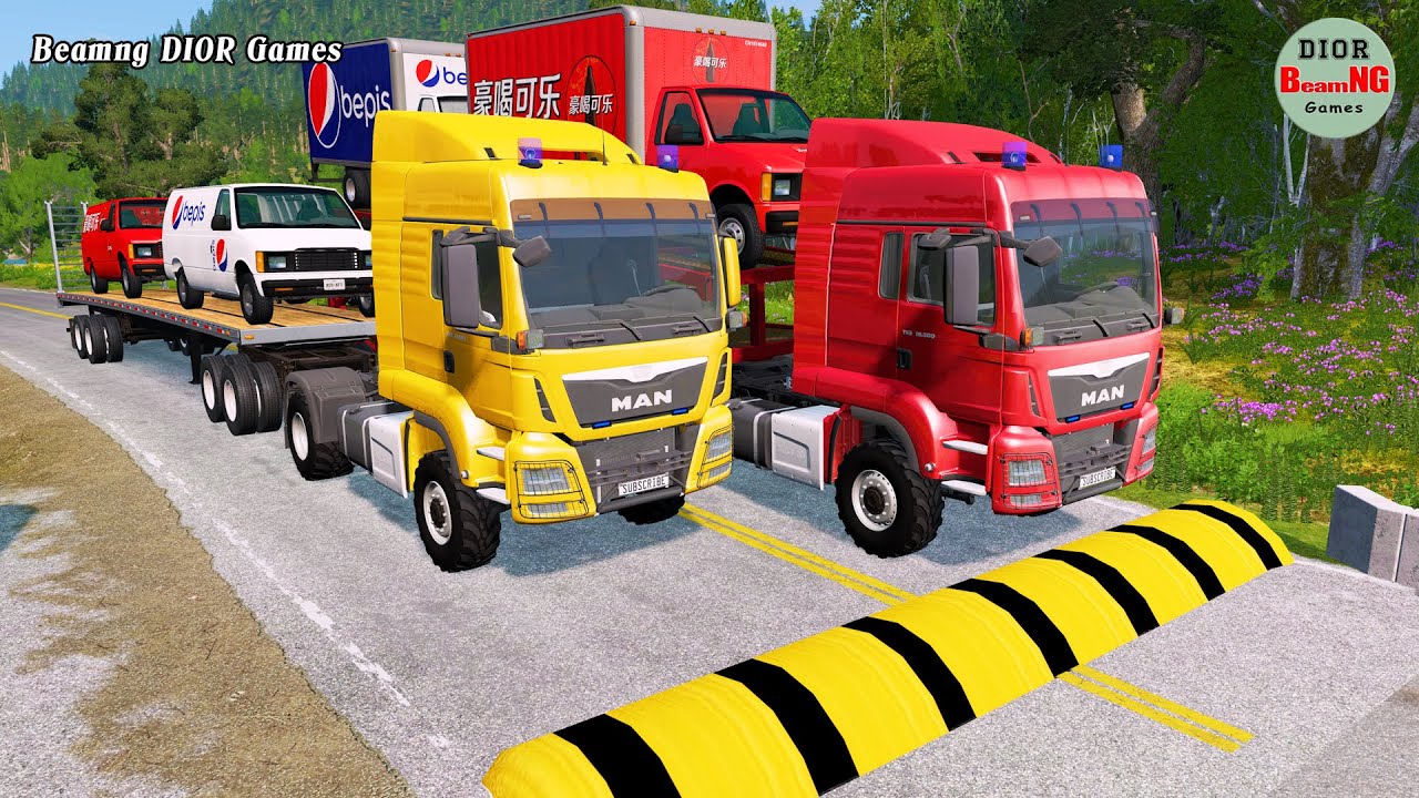 Double Flatbed Trailer Truck vs speed bumps|Tractor vs Train|Beamng Drive|217