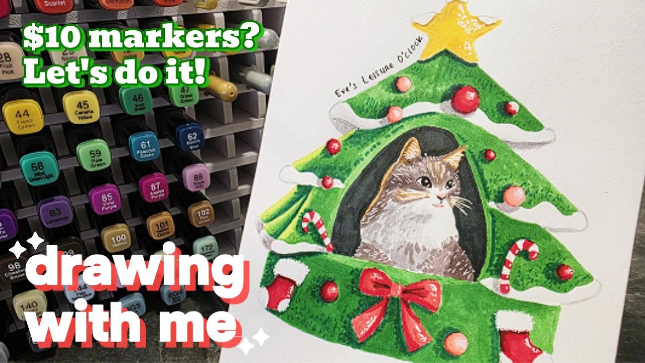Drawing Christmas Tree Cat Bed With Me While Listening to Christmas Music Playlist | Drawing ASMR
