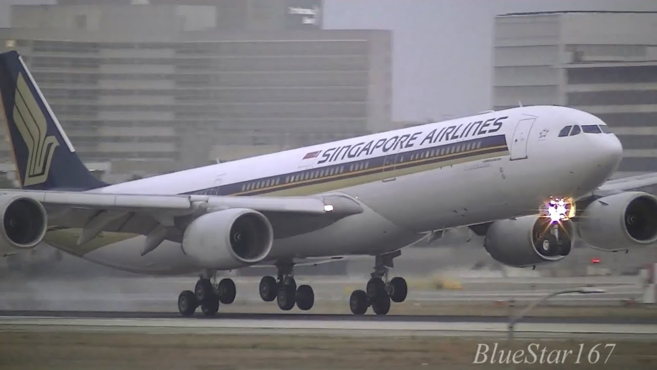 Singapore Airlines Airbus A340-500 (9V-SGD) landing at LAX/KLAX (Los Angeles) RWY 24R