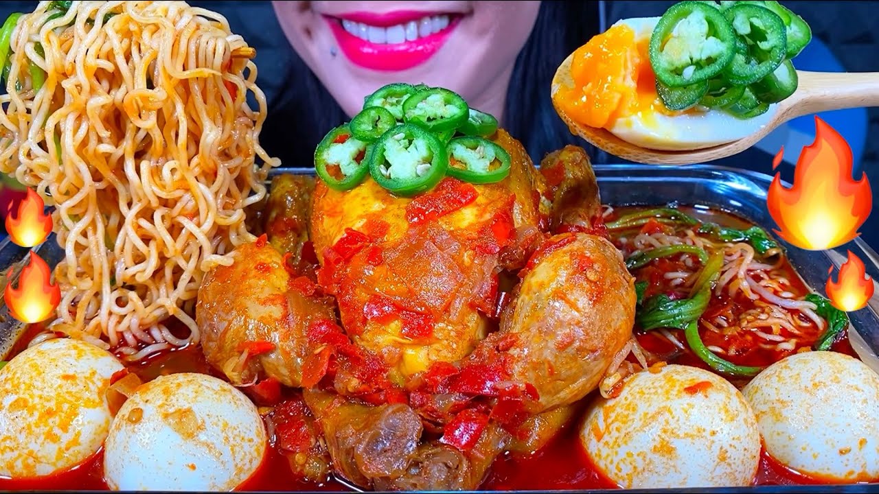 ASMR SPICY NOODLES SOUP, SPICY WHOLE CHICKEN, EGGS MUKBANG MASSIVE Eating Sounds