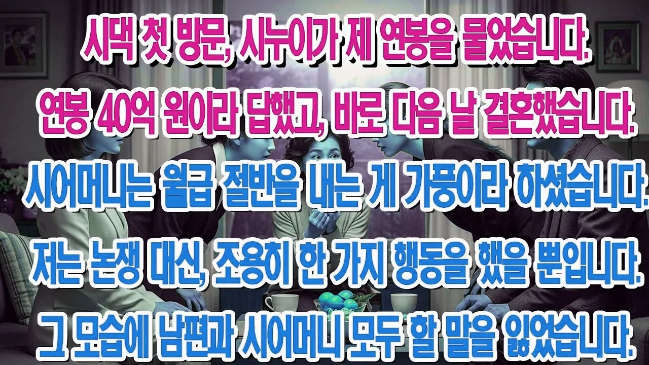 결혼 다음 날, 월급 절반을 요구한 시어머니. 제 단 한 가지 행동에 모두가 충격받았죠....|부모자식갈등 | 사연 이야기 | 오디오북