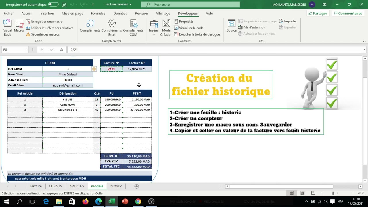APPLICATION FACTURE: (P2) historique facture, Modèle facture, Facture Excel, Programme facture, xlsx