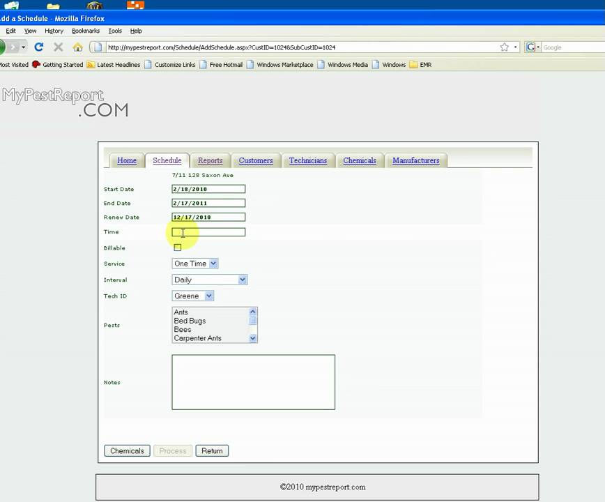 MyPestReport.com Demonstration of scheduling