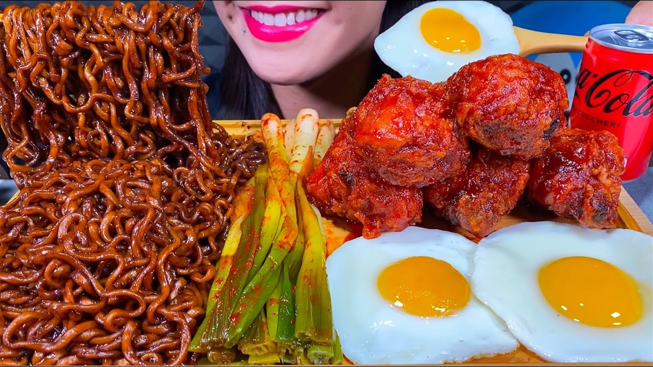 ASMR BLACK BEAN NOODLES, SPICY FRIED CHICKEN, GREEN ONION KIMCHI, EGGS MASSIVE Eating Sounds