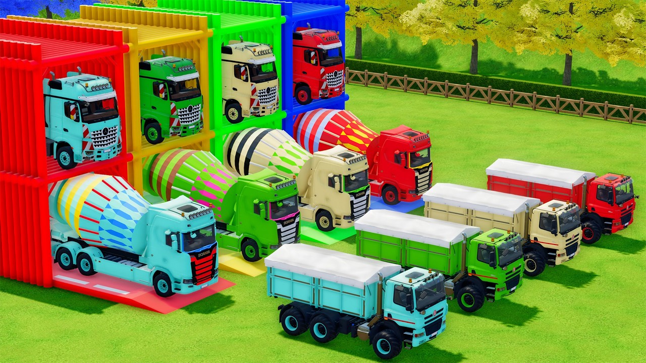 Garage with Colors - ALL MIXER TRUCK WITH DOUBLE FLATBED TRAILER TRUCK, MERCEDES, SCANIA, TATRA