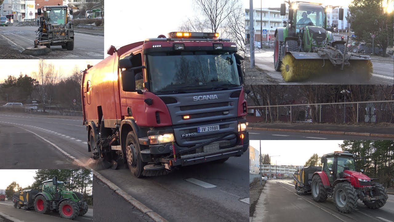 4K| Street sweeping - Wille 365, Fendt 516 & 313 Vario, MF 5610 & Scania P270