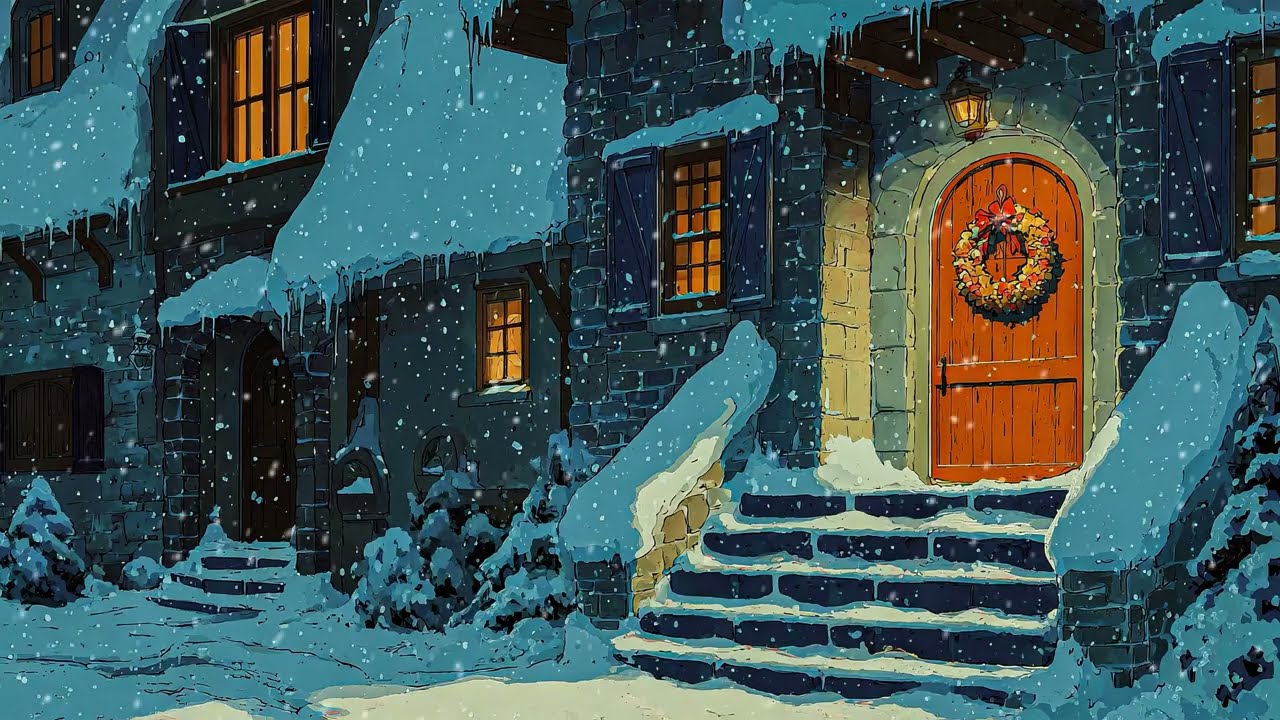 warm winter snowy night with 1950s vintage jazz oldies playing in another room