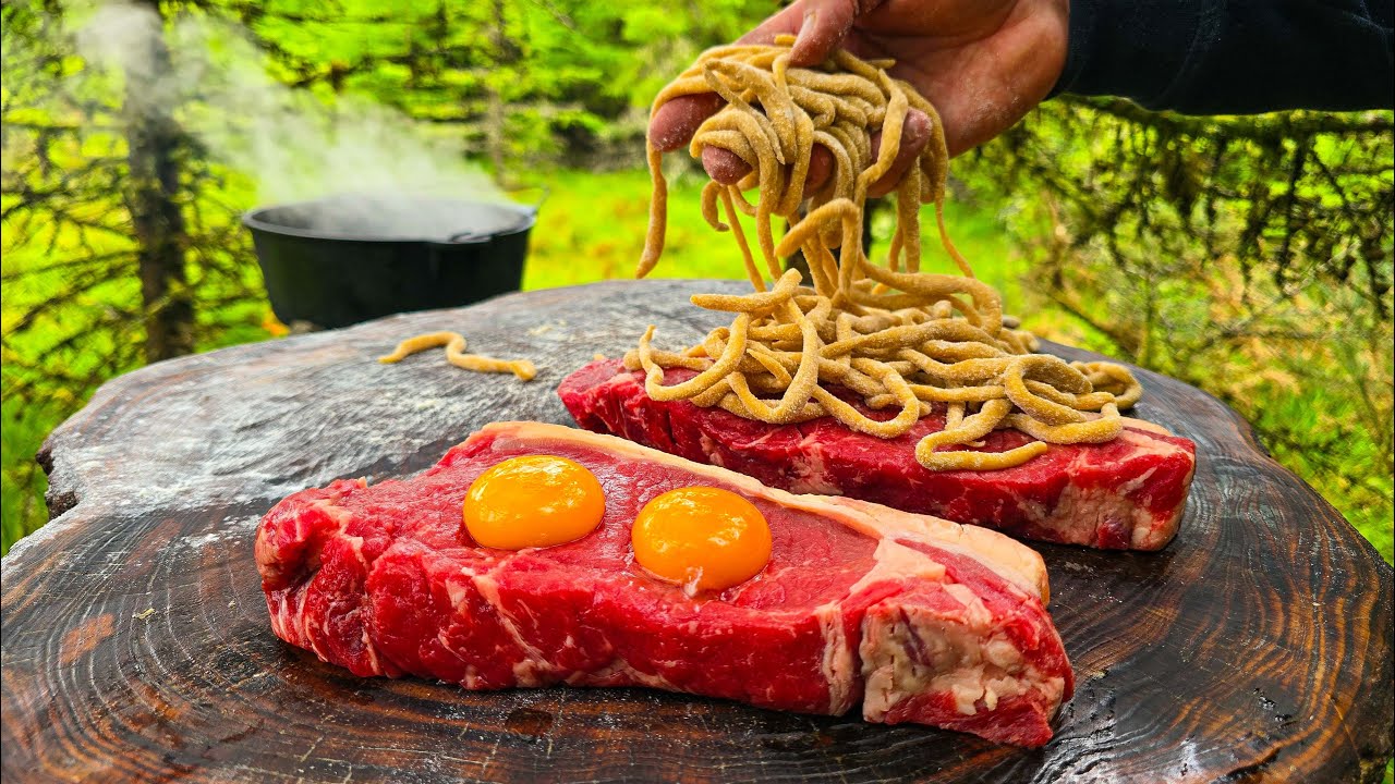 Cooking JUICY STEAK & Egg with Homemade Pasta from Scratch (ASMR Forest Cooking)