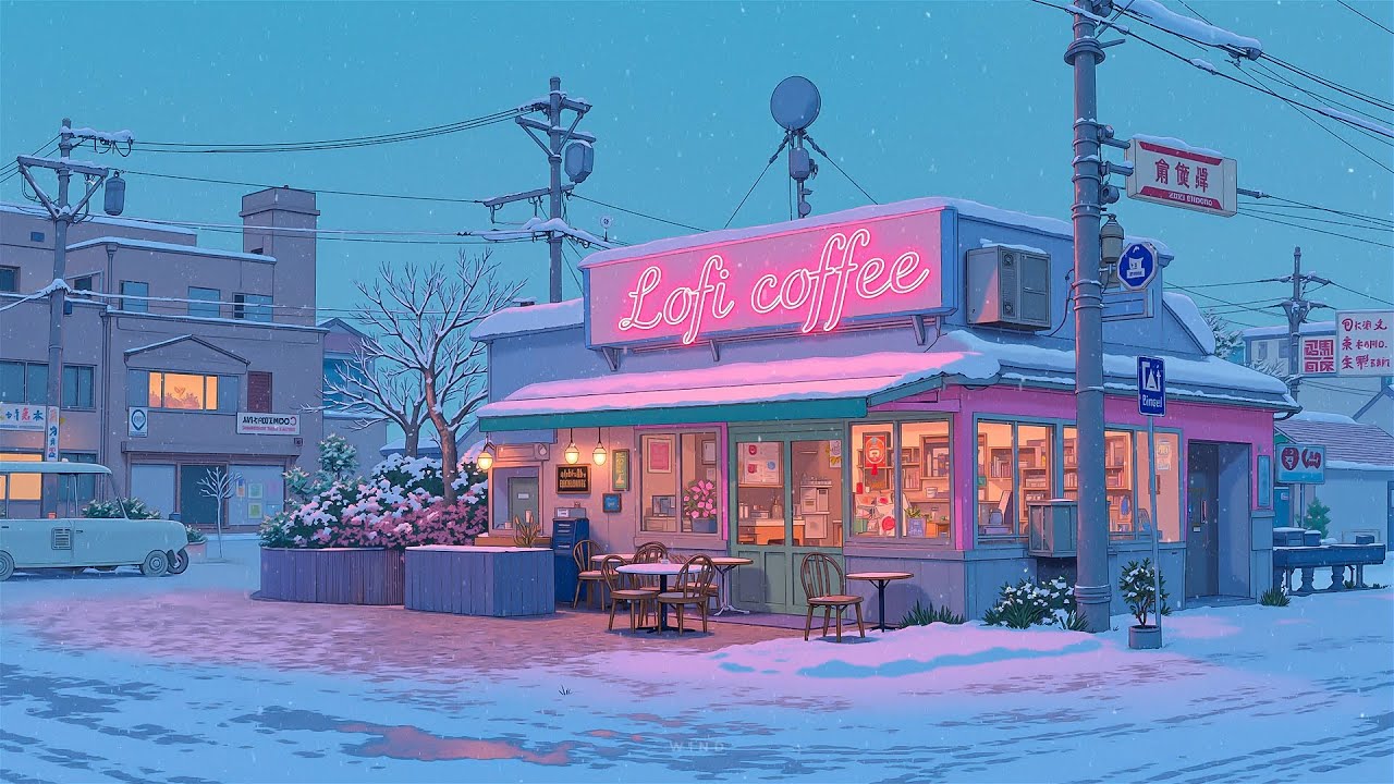 Quiet Snowfall Outside a Cozy Coffee Shop ❄️ Soft Lofi Chill Beats for Study, Work, Relaxing Nights.