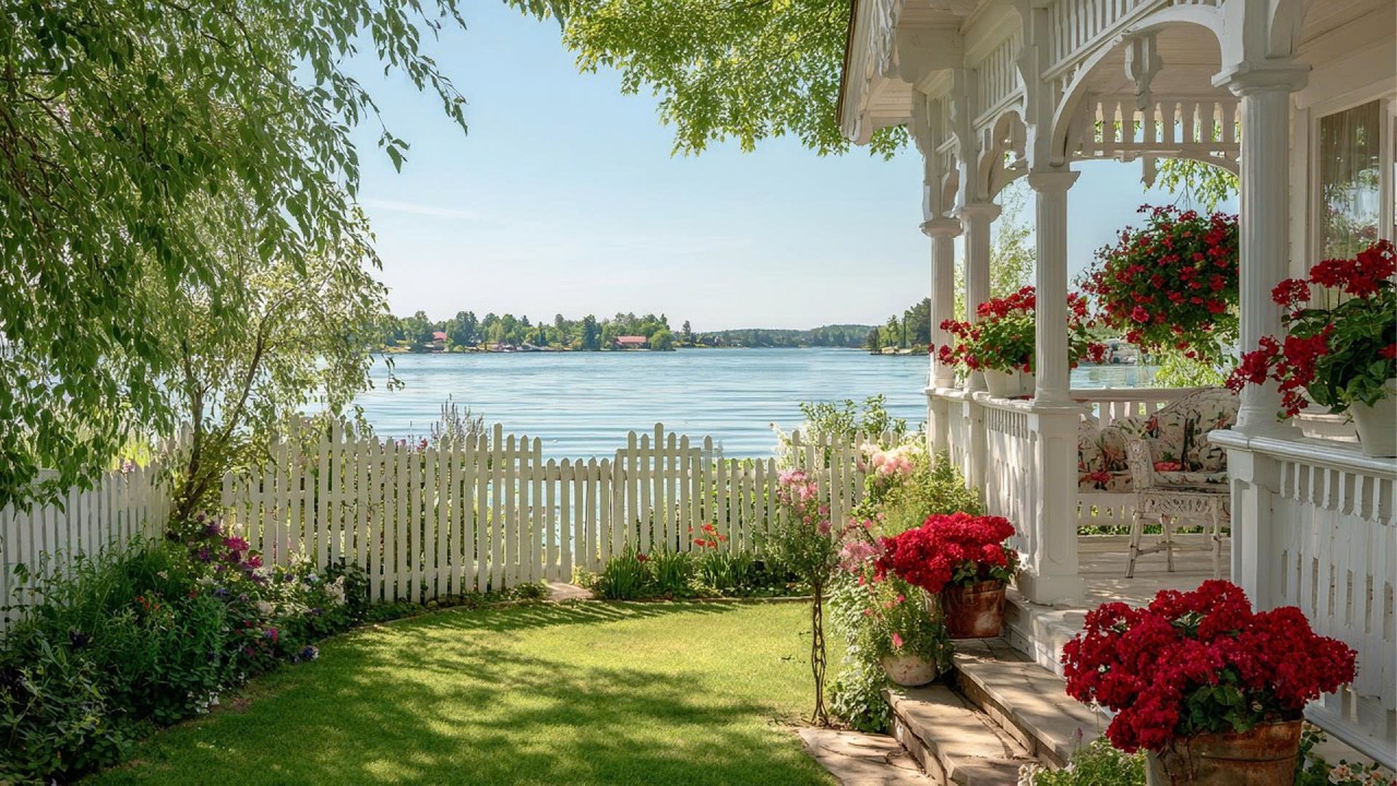 Cozy Summer Porch Retreat 🌺 Lake Waves, Birds and Soft Nature Sounds for Calm