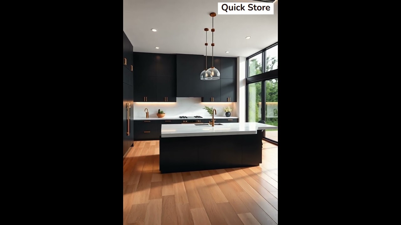 Modern Black Kitchen Design with Gold Accents & White Countertops 