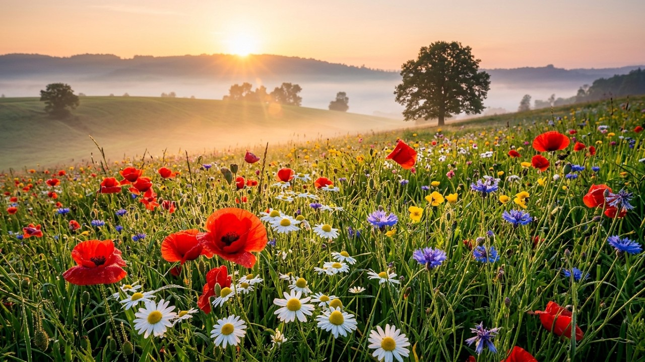 🔴 LIVE Sunrise Wildflower Field: Morning Birds & Soft Breeze | Calming Nature Sounds to Relax 🌅