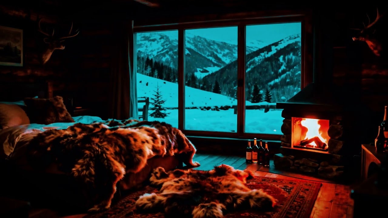Cozy Winter Cabin Ambience 🔥 Crackling Fireplace Soft Falling Snow😴 No Ads Pretty Boost Energy After