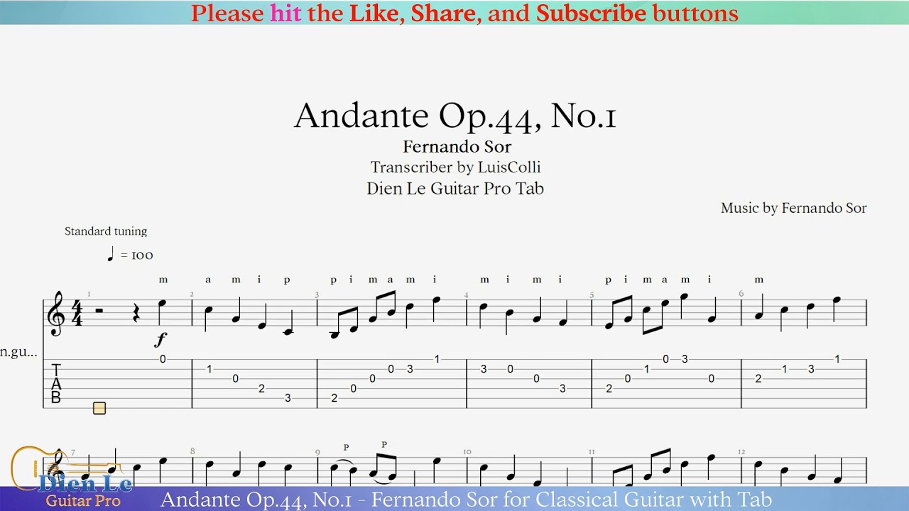 Andante Op.44, No.1 - Fernando Sor for Classical Guitar with Tab