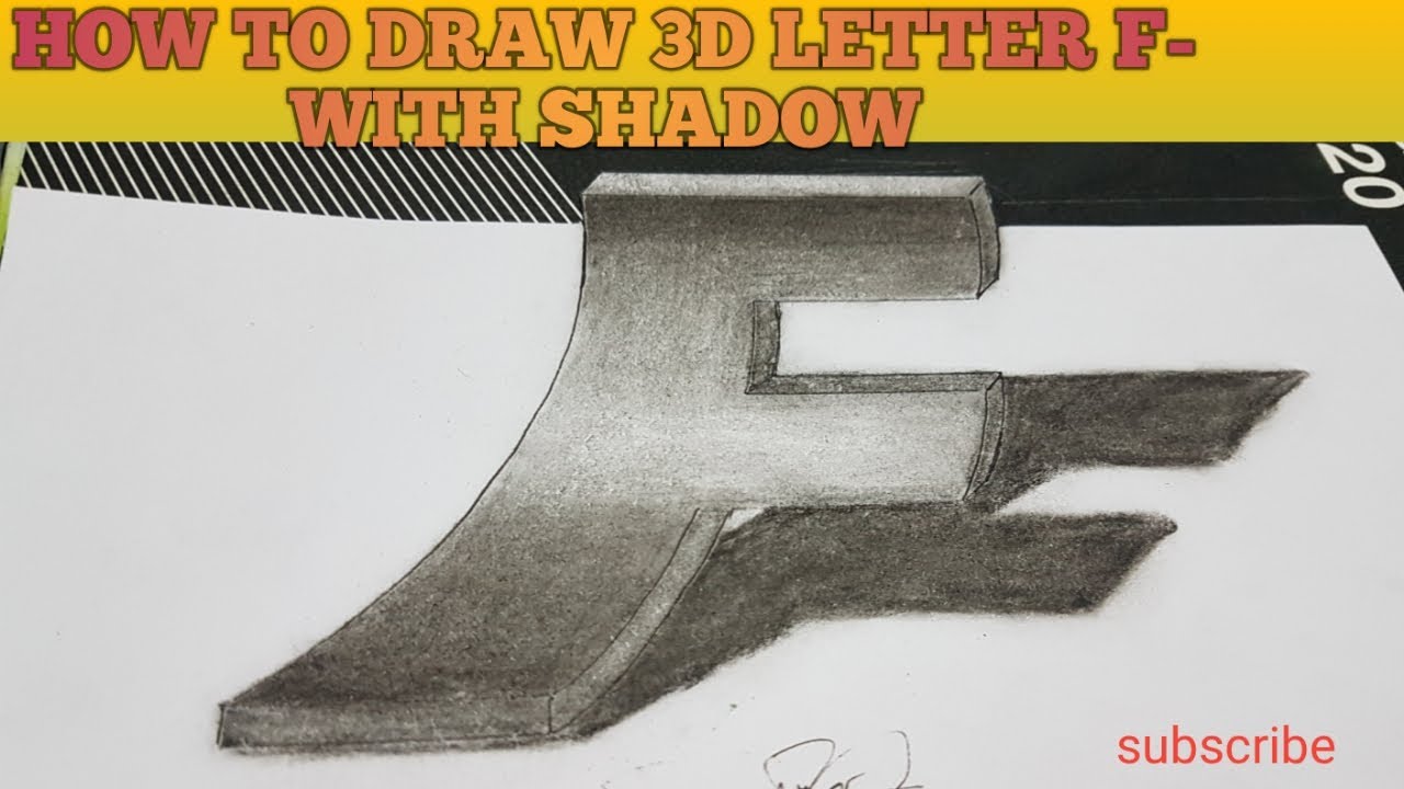 DRAWING 3D LETTER F- WITH SHADOW,HOW TO DRAW 3D ANAMORPHIC  ILLUSION, USING CHARCOALPENCIL.