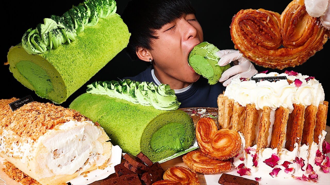 ASMR Paa Paa Palmier | NAPOLEON CAKE + MATCHA ROLL CAKE + COOKIES (Eating Sound)| MAR ASMR