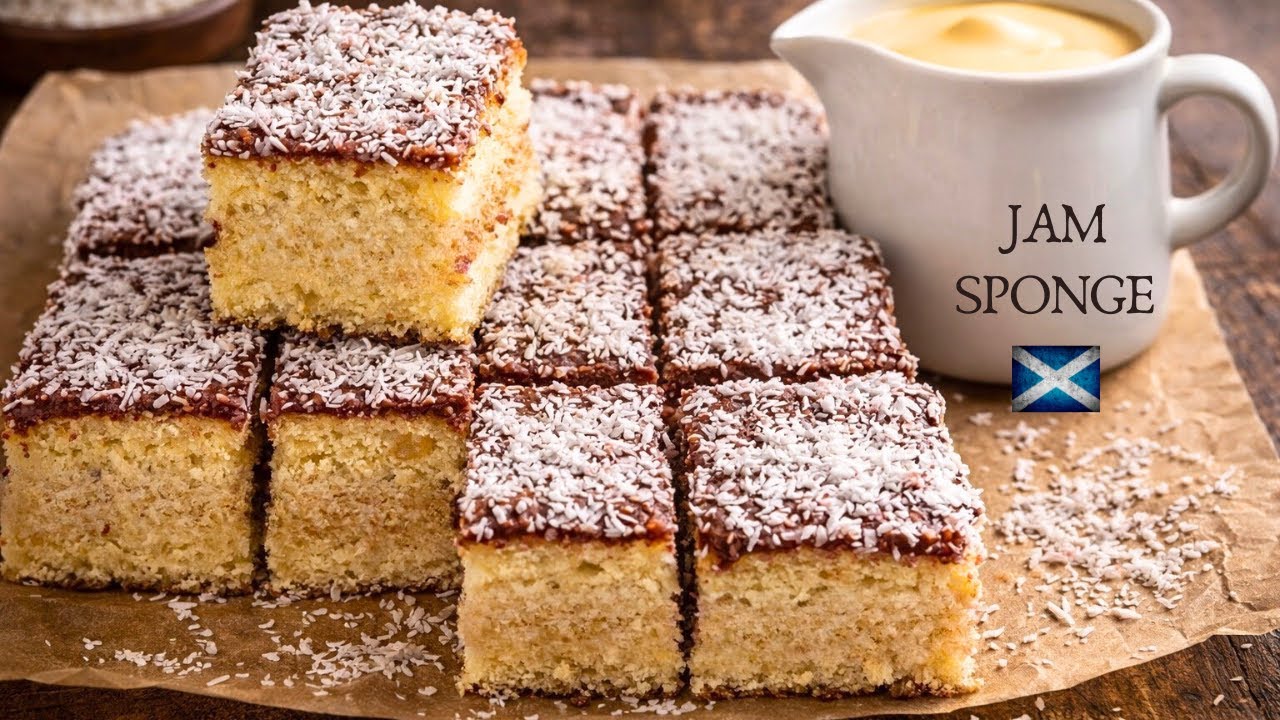 Old school jam & coconut cake & pink custard :) Easy recipe