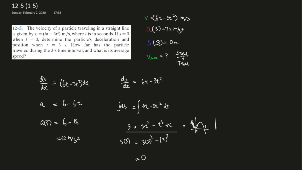 12-5 Find the deceleration and position of a particle at t=3s, and the speed(ave) at v=(6t-3t^2)m/s