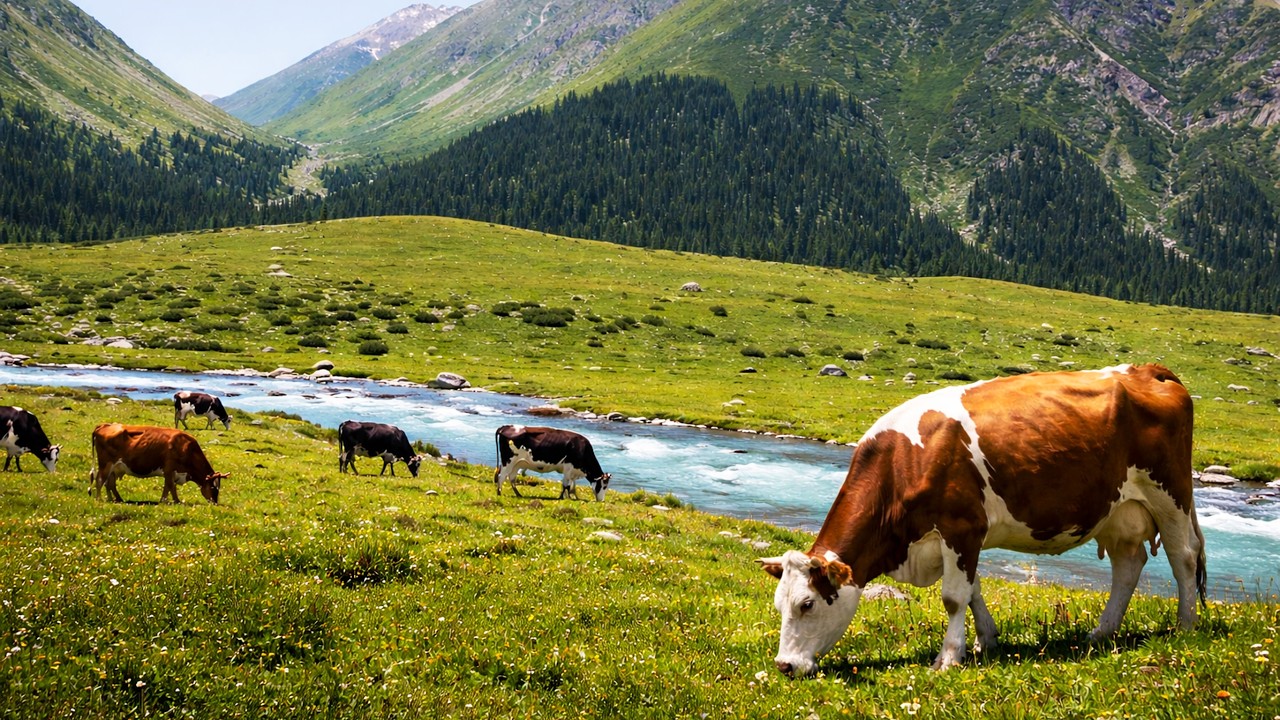 Cows Grazing by a Mountain River 🌿 Calm Music | Peaceful Wildlife Views
