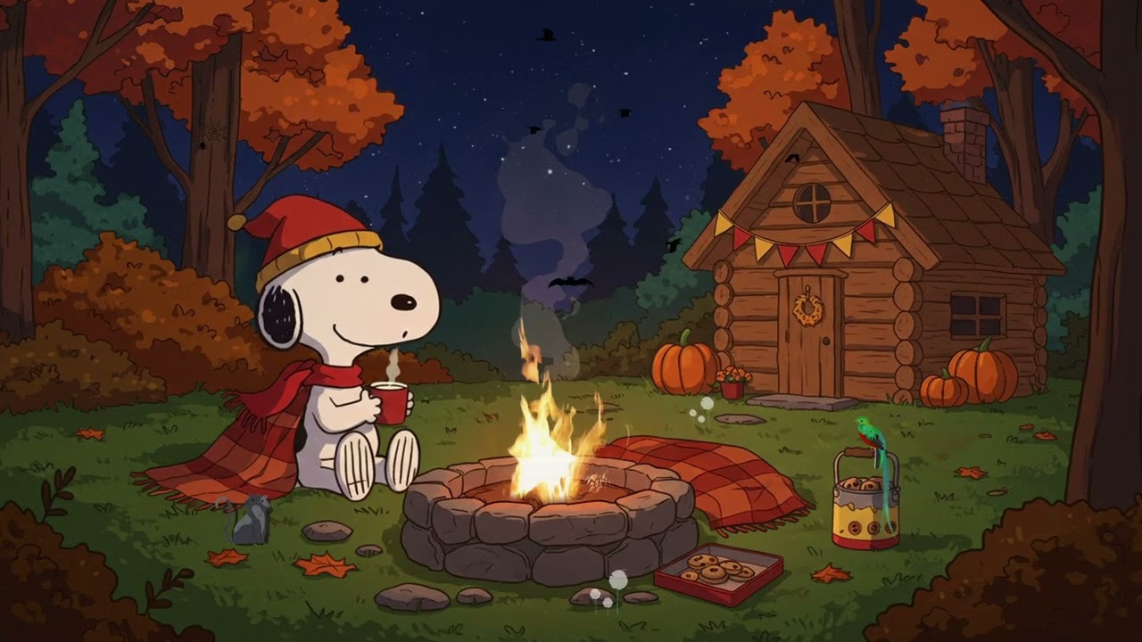 🍁 Snoopy’s Cozy Autumn Campfire ☕ Relaxing Lofi for Study & Chill 🎶 Peaceful Night Ambience