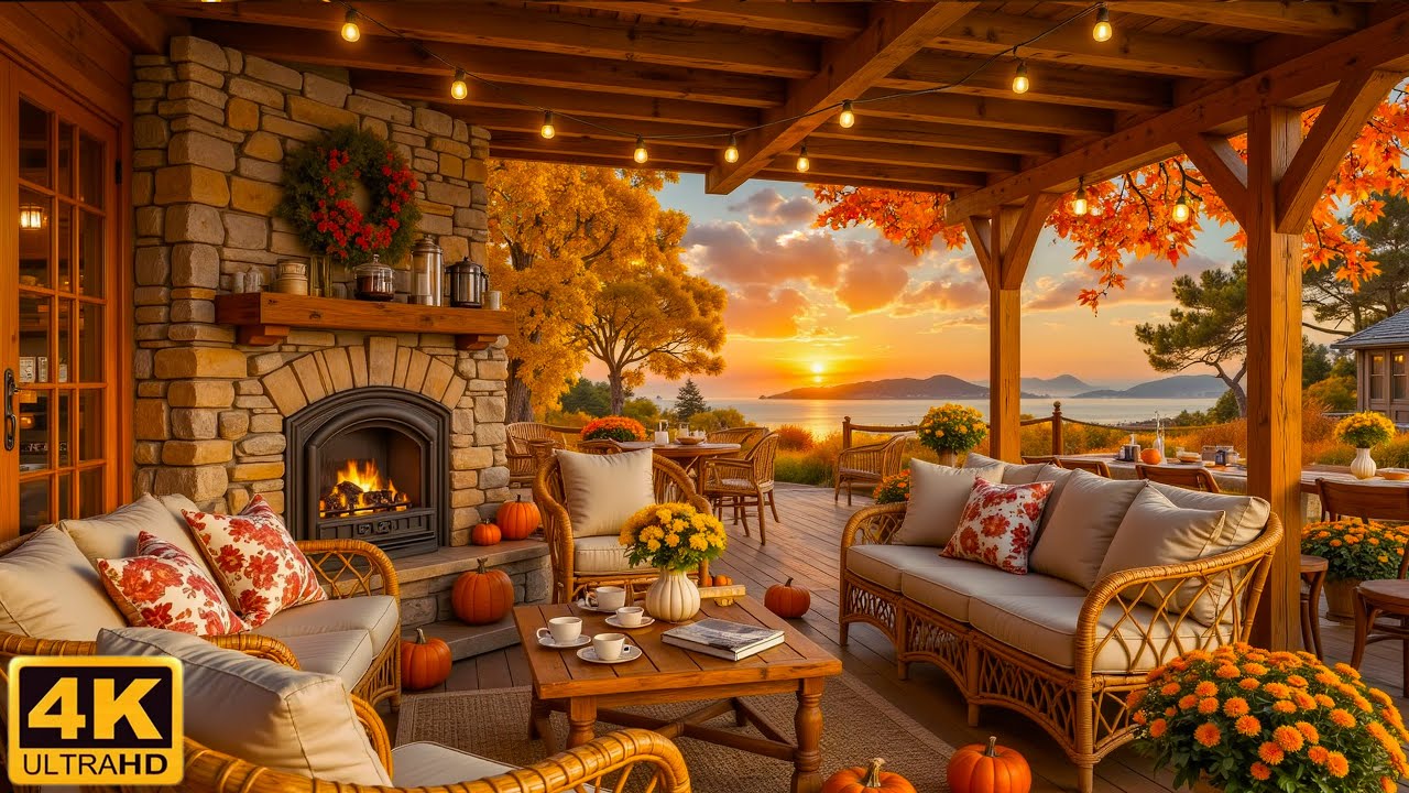 Autumn Sunset Porch by the Sea 🍂🌅 Gentle Piano & Fireplace Sounds for Relaxation & for Study ,Sleep.